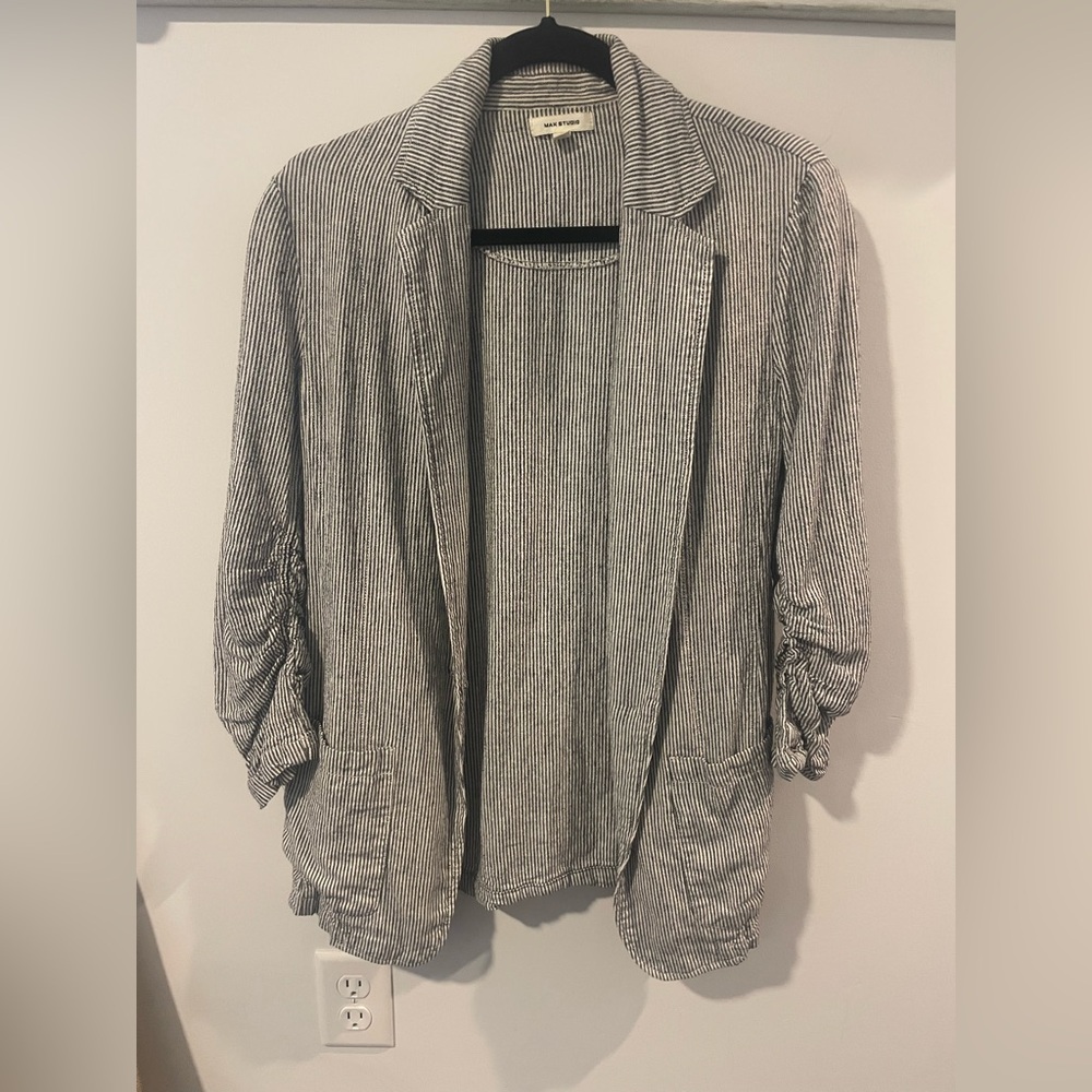 Striped linen blend blazer with ruched sleeves